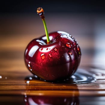 Macro shot of cherry in water puddle