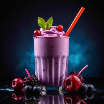 Delicious wild fruit milkshake with a straw