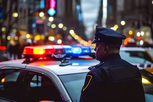 police officer near car with lights in city street with selective focus and background blur. Neural network generated image. Not based on any actual person or scene.