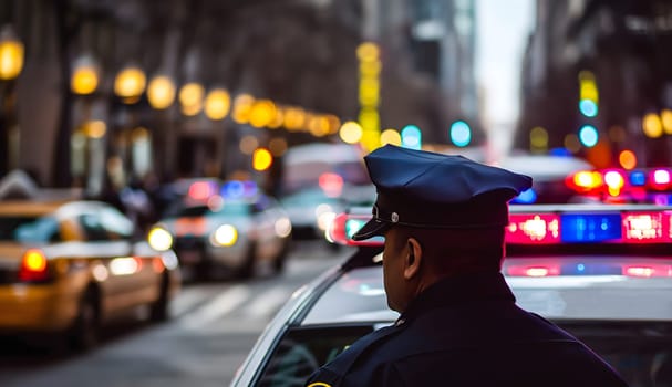 Police officer near car with lights in city street with selective focus and background blur. Neural network generated image. Not based on any actual person or scene.