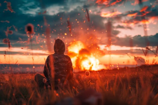 Back view of a lonely person is sitting on the grass watching an explosion. War, enemy attack concept. AI generated