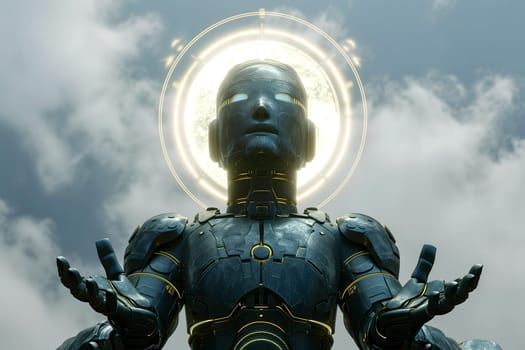 android with around head on sky with clouds background, AI god concept.