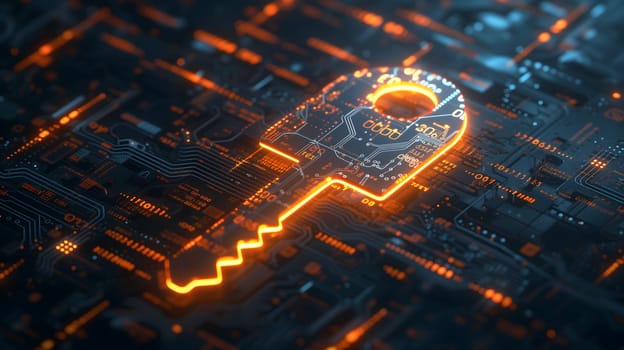 Orange holographic key icon on flat glowing futuristic circuit board background. Neural network generated image. Not based on any actual person or scene.