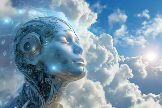 android face on cloudy sky background, AI god concept