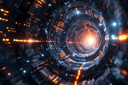Abstract cyber tunnel with diminishing perspective for technological singularity concept. Neural network generated image. Not based on any actual person or scene.