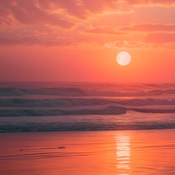 Orange sunset on the beach with surf. Neural network generated image. Not based on any actual scene or pattern.