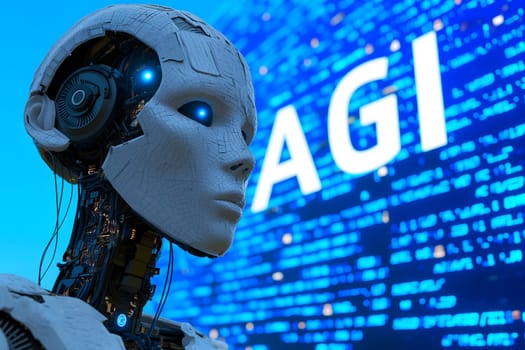 Android head on abstract cybernetic data background with word AGI for Artificial General Intelligence. Neural network generated image. Not based on any actual person or scene.