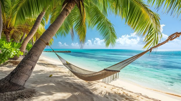 Empty hammock in shade under palm tree in tropical paradise beach. Neural network generated image. Not based on any actual scene or pattern.
