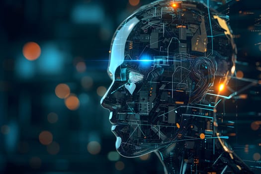 Android head on abstract cybernetic data background. Neural network generated image. Not based on any actual person or scene.