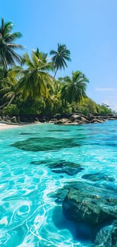 tropical beach view at sunny day with white sand, turquoise water and palm tree. Neural network generated image. Not based on any actual scene or pattern.