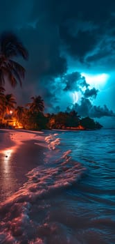 tropical beach view at cloudy stormy night with white sand, turquoise water and palm trees. Neural network generated image. Not based on any actual scene or pattern.