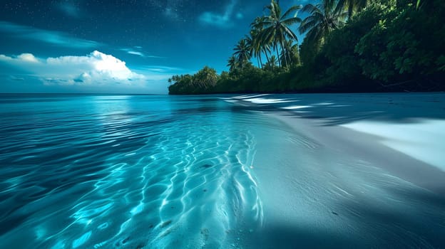 tropical beach view at sunny day with white sand, turquoise water and palm tree. Neural network generated image. Not based on any actual scene or pattern.