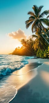 tropical beach view at sunset or sunrise with white sand, turquoise water and palm trees. Neural network generated image. Not based on any actual scene or pattern.