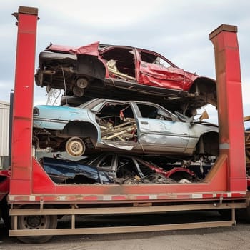 Pile of damaged vehicles stacked in a salvage yard, showcasing the lifecycle of automotive parts and the importance of recycling
