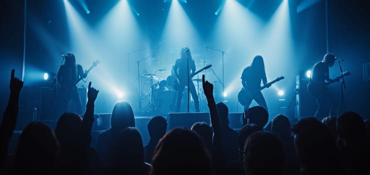 Rock band performs energetically on stage, illuminated by striking blue lights with a crowd of fans enjoying the music
