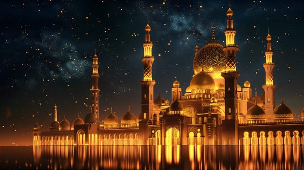 Ramadan mosque with starry night sky beautiful background. Neural network generated in January 2024. Not based on any actual scene or pattern.
