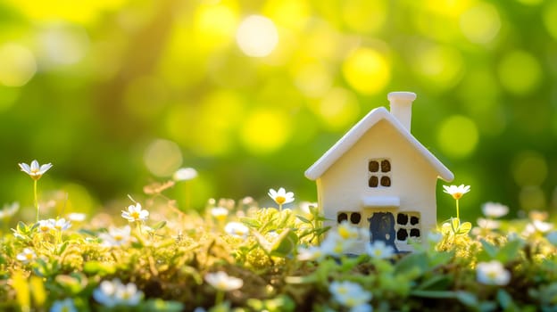 Spring background with a tiny toy house symbolizing family mortgage construction rental and property concepts. Neural network generated image. Not based on any actual person or scene.