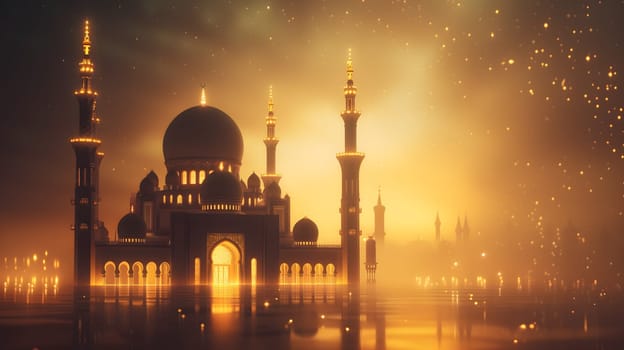Ramadan mosque at golden dusk background. Neural network generated in January 2024. Not based on any actual scene or pattern.
