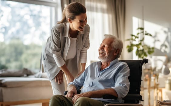 In this touching scene, a dedicated nurse provides compassionate care to an elderly man in a nursing home, ensuring his well-being and comfort in his wheelchair.Generated image.
