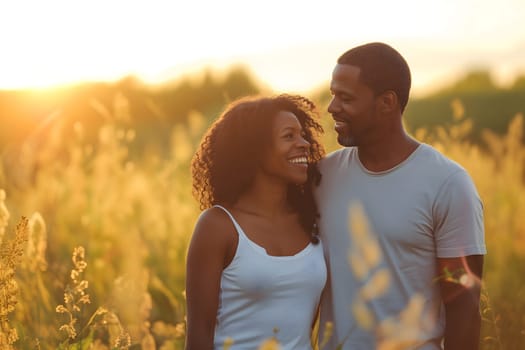 Young adult heterosexual African American couple in beautiful green summer nature. Neural network generated image. Not based on any actual scene or pattern.