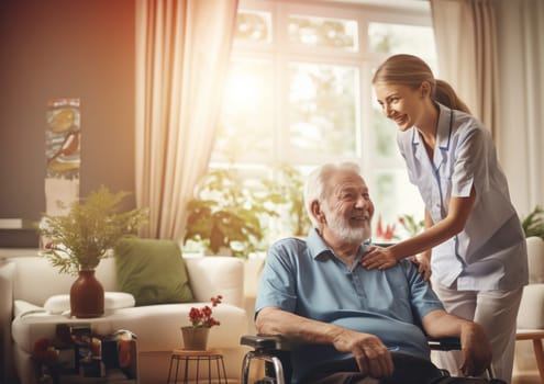 In this touching scene, a dedicated nurse provides compassionate care to an elderly man in a nursing home, ensuring his well-being and comfort in his wheelchair.Generated image.