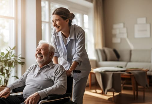 In this touching scene, a dedicated nurse provides compassionate care to an elderly man in a nursing home, ensuring his well-being and comfort in his wheelchair.Generated image.