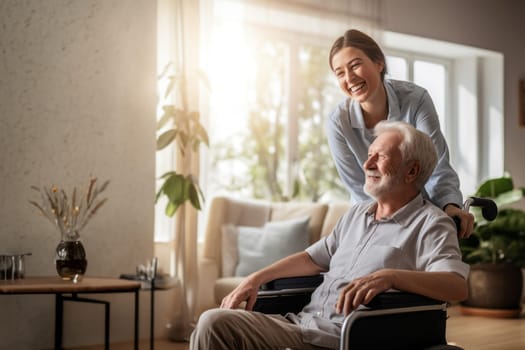 In this touching scene, a dedicated nurse provides compassionate care to an elderly man in a nursing home, ensuring his well-being and comfort in his wheelchair.Generated image.