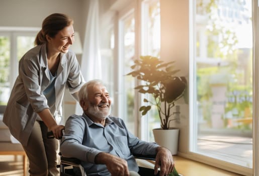 In this touching scene, a dedicated nurse provides compassionate care to an elderly man in a nursing home, ensuring his well-being and comfort in his wheelchair.Generated image.