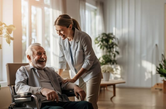 In this touching scene, a dedicated nurse provides compassionate care to an elderly man in a nursing home, ensuring his well-being and comfort in his wheelchair.Generated image.