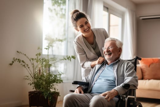 In this touching scene, a dedicated nurse provides compassionate care to an elderly man in a nursing home, ensuring his well-being and comfort in his wheelchair.Generated image.