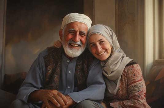 A traditional elderly Islamic couple embraces the joy of Ramadan, embodying the cultural richness and spiritual connection during the sacred days of celebration.Generated image.