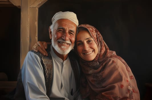 A traditional elderly Islamic couple embraces the joy of Ramadan, embodying the cultural richness and spiritual connection during the sacred days of celebration.Generated image.
