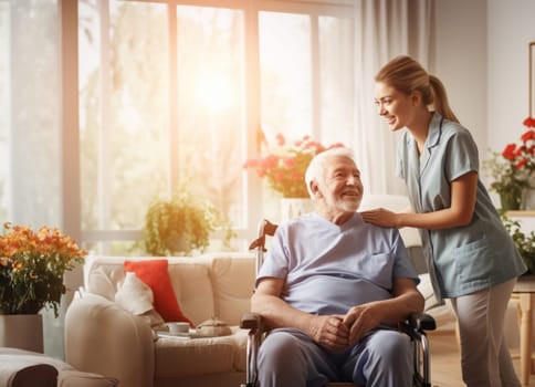 In this touching scene, a dedicated nurse provides compassionate care to an elderly man in a nursing home, ensuring his well-being and comfort in his wheelchair.Generated image.