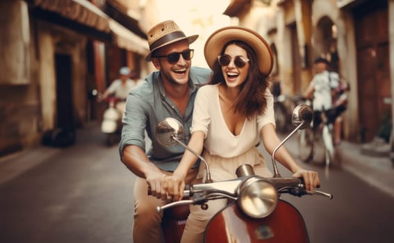A happy couple shares the joy of a sunny scooter ride through the charming streets of Italy, embracing the warmth of summer and the bliss of exploring together.