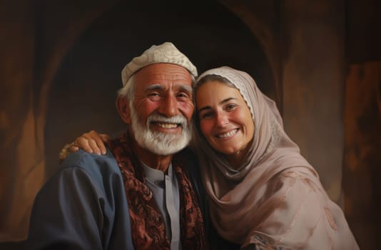 A traditional elderly Islamic couple embraces the joy of Ramadan, embodying the cultural richness and spiritual connection during the sacred days of celebration.Generated image.
