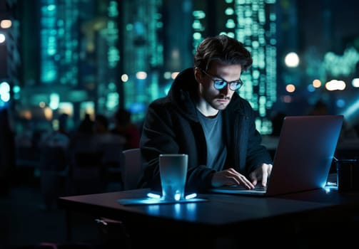 In this ominous snapshot, a hacker orchestrates digital mayhem using a laptop in a dimly lit office, embodying the clandestine world of cyber threats.Generated image.