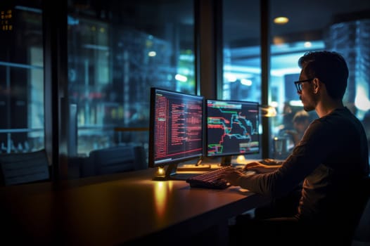 In this ominous snapshot, a hacker orchestrates digital mayhem using a laptop in a dimly lit office, embodying the clandestine world of cyber threats.Generated image.