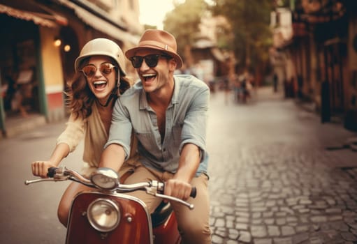 A happy couple shares the joy of a sunny scooter ride through the charming streets of Italy, embracing the warmth of summer and the bliss of exploring together.