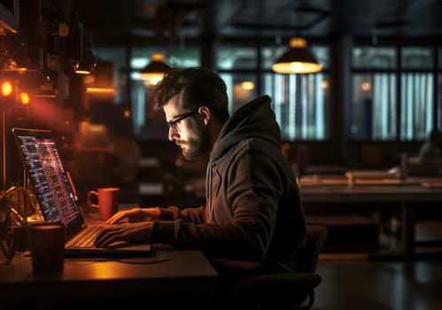 In this ominous snapshot, a hacker orchestrates digital mayhem using a laptop in a dimly lit office, embodying the clandestine world of cyber threats.Generated image.