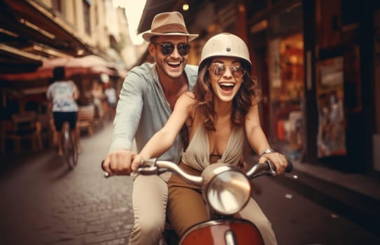 A happy couple shares the joy of a sunny scooter ride through the charming streets of Italy, embracing the warmth of summer and the bliss of exploring together.