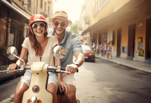A happy couple shares the joy of a sunny scooter ride through the charming streets of Italy, embracing the warmth of summer and the bliss of exploring together.