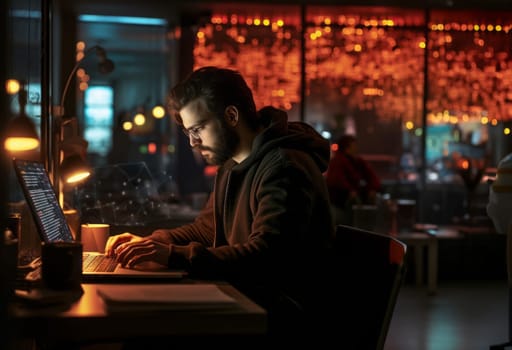 In this ominous snapshot, a hacker orchestrates digital mayhem using a laptop in a dimly lit office, embodying the clandestine world of cyber threats.Generated image.
