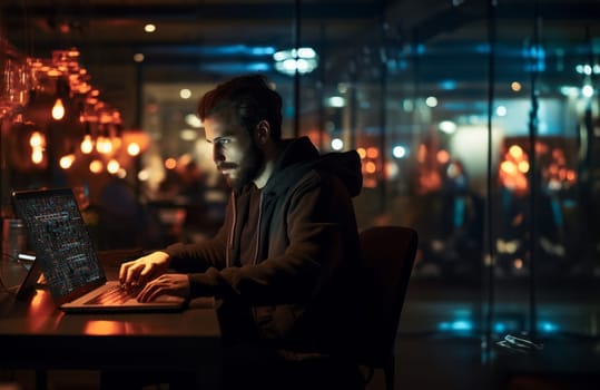 In this ominous snapshot, a hacker orchestrates digital mayhem using a laptop in a dimly lit office, embodying the clandestine world of cyber threats.Generated image.