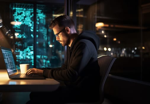In this ominous snapshot, a hacker orchestrates digital mayhem using a laptop in a dimly lit office, embodying the clandestine world of cyber threats.Generated image.