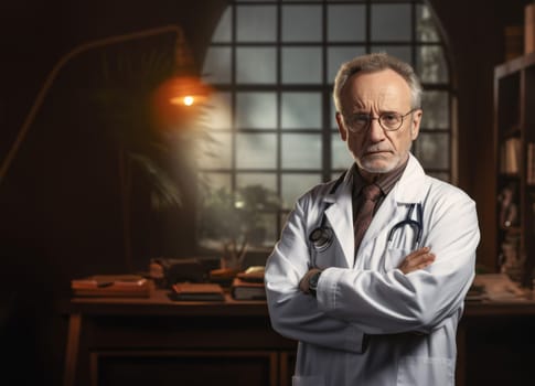 A seasoned elderly doctor exudes confidence and authority, with crossed arms, in his nighttime office, symbolizing dedication, responsibility, and wisdom during the night shift, showcasing the commitment of a senior healthcare practitioner.Generated image.