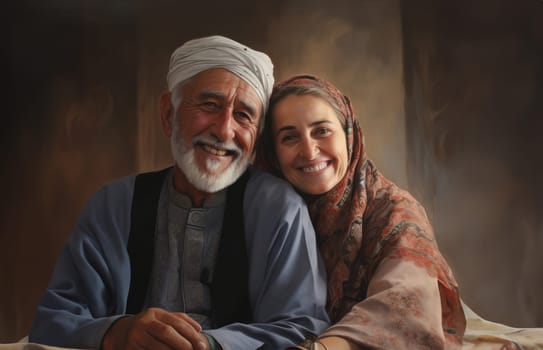 A traditional elderly Islamic couple embraces the joy of Ramadan, embodying the cultural richness and spiritual connection during the sacred days of celebration.Generated image.
