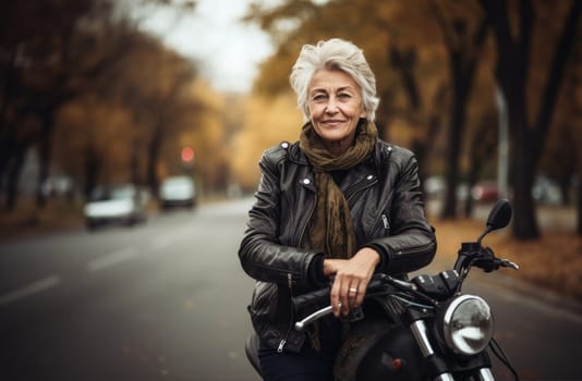An adventurous elderly woman embraces a modern lifestyle as she travels the world, riding a motorcycle through diverse landscapes, symbolizing her free-spirited and courageous approach to exploration and living life to the fullest.Generated image.