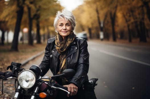 An adventurous elderly woman embraces a modern lifestyle as she travels the world, riding a motorcycle through diverse landscapes, symbolizing her free-spirited and courageous approach to exploration and living life to the fullest.Generated image.