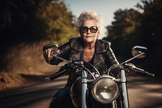 An adventurous elderly woman embraces a modern lifestyle as she travels the world, riding a motorcycle through diverse landscapes, symbolizing her free-spirited and courageous approach to exploration and living life to the fullest.Generated image.