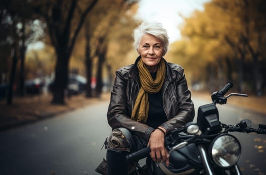 An adventurous elderly woman embraces a modern lifestyle as she travels the world, riding a motorcycle through diverse landscapes, symbolizing her free-spirited and courageous approach to exploration and living life to the fullest.Generated image.